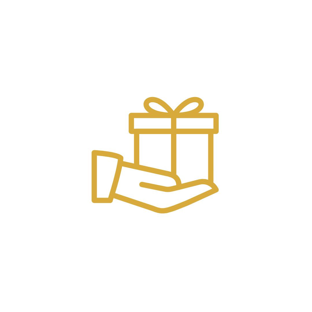 Graphic of a hand holding a present/gift box.